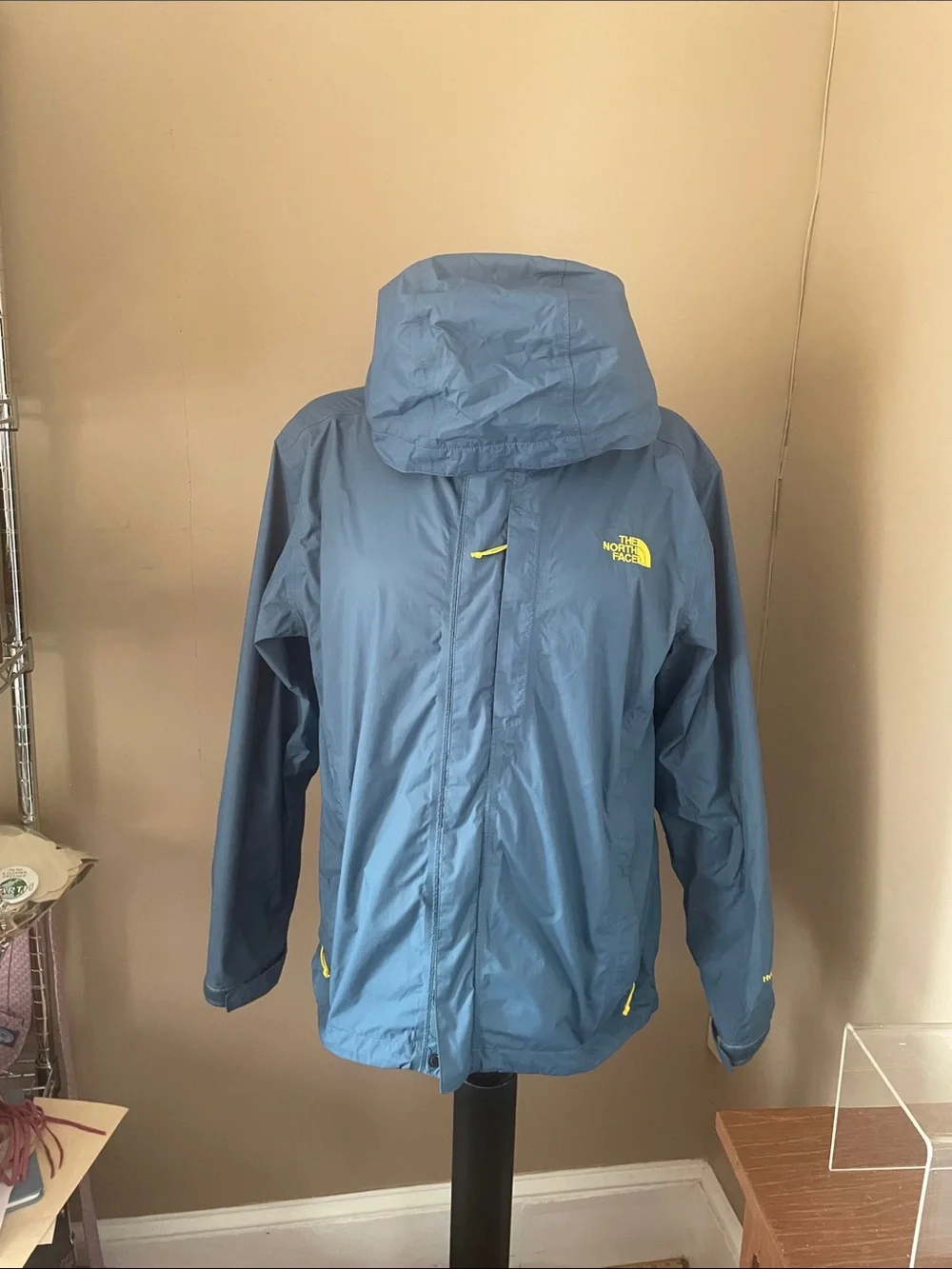 The North Face Men’s Teal Hooded Raincoat with  Yellow Accents